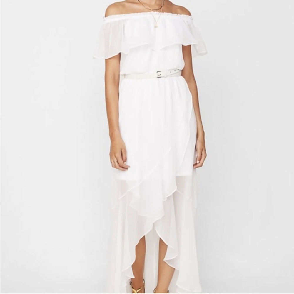 Express White Crinkle Chiffon Off-Shoulder White Dress‎